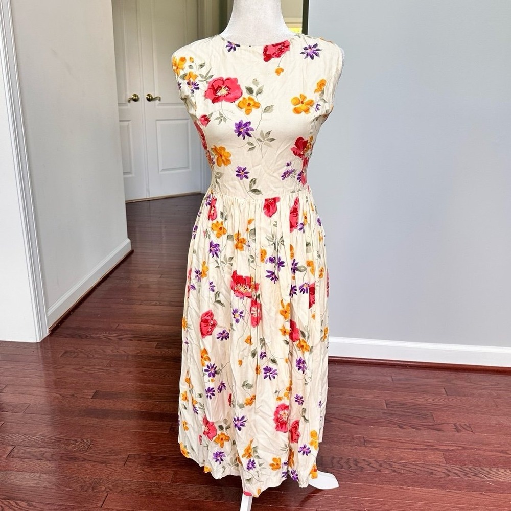 Passports Ivory Floral Simple Tie Back Hugh Neck Dainty Feminine Midi Dress